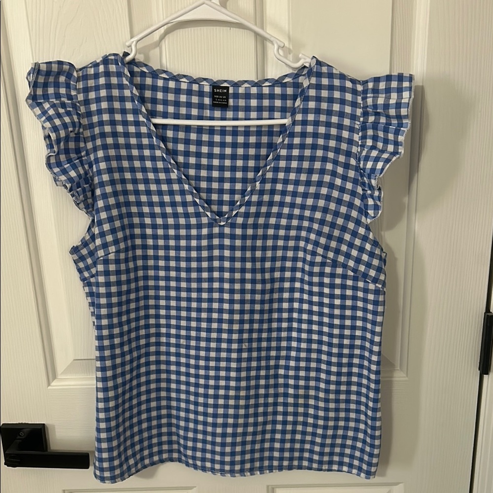SHEIN Blue and White Ruffled Flutter Sleeve Blouse